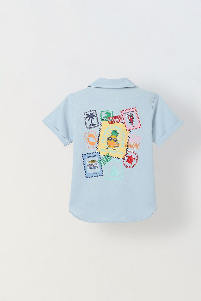 Spunkies Light Blue Boys Graphic Print Cuban Collar Short Sleeves Shirt