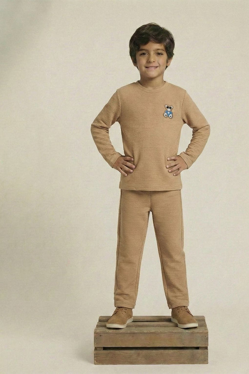 Spunkies Boy Beige Waffle Knit Otoman Rib Top with Bottom Set