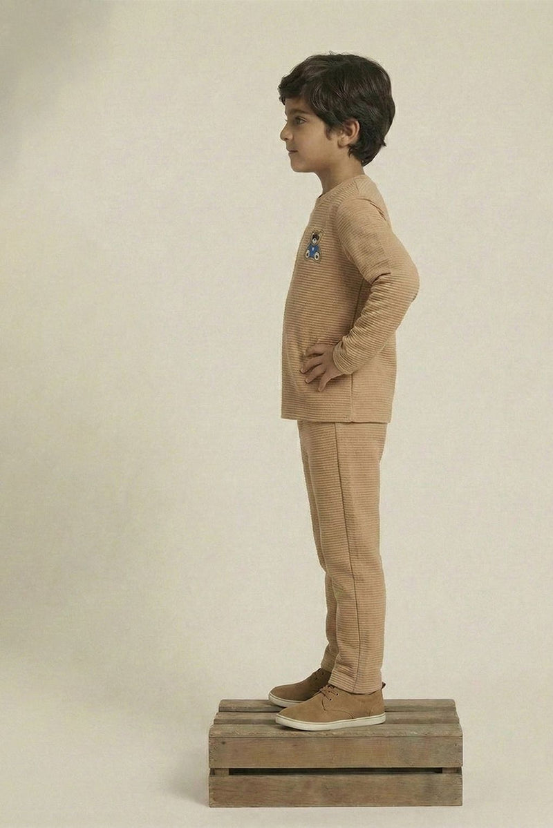 Spunkies Boy Beige Waffle Knit Otoman Rib Top with Bottom Set