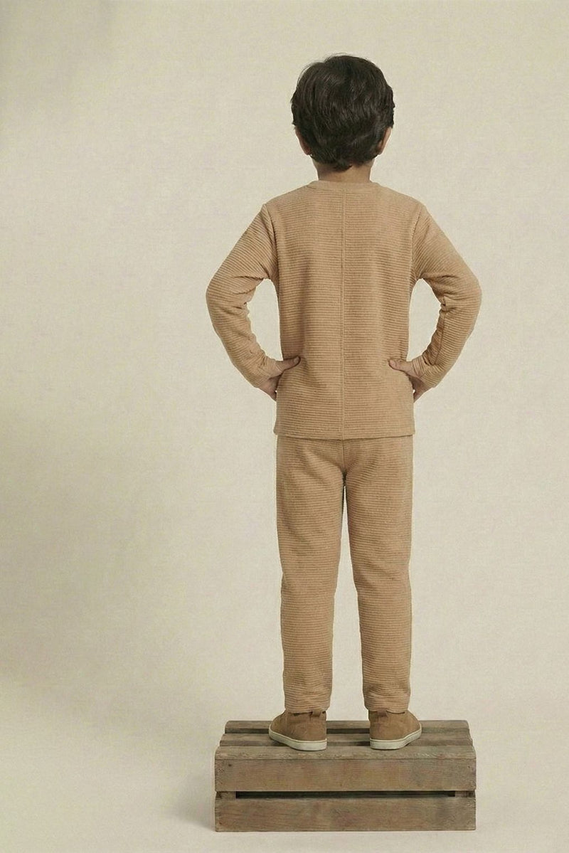 Spunkies Boy Beige Waffle Knit Otoman Rib Top with Bottom Set
