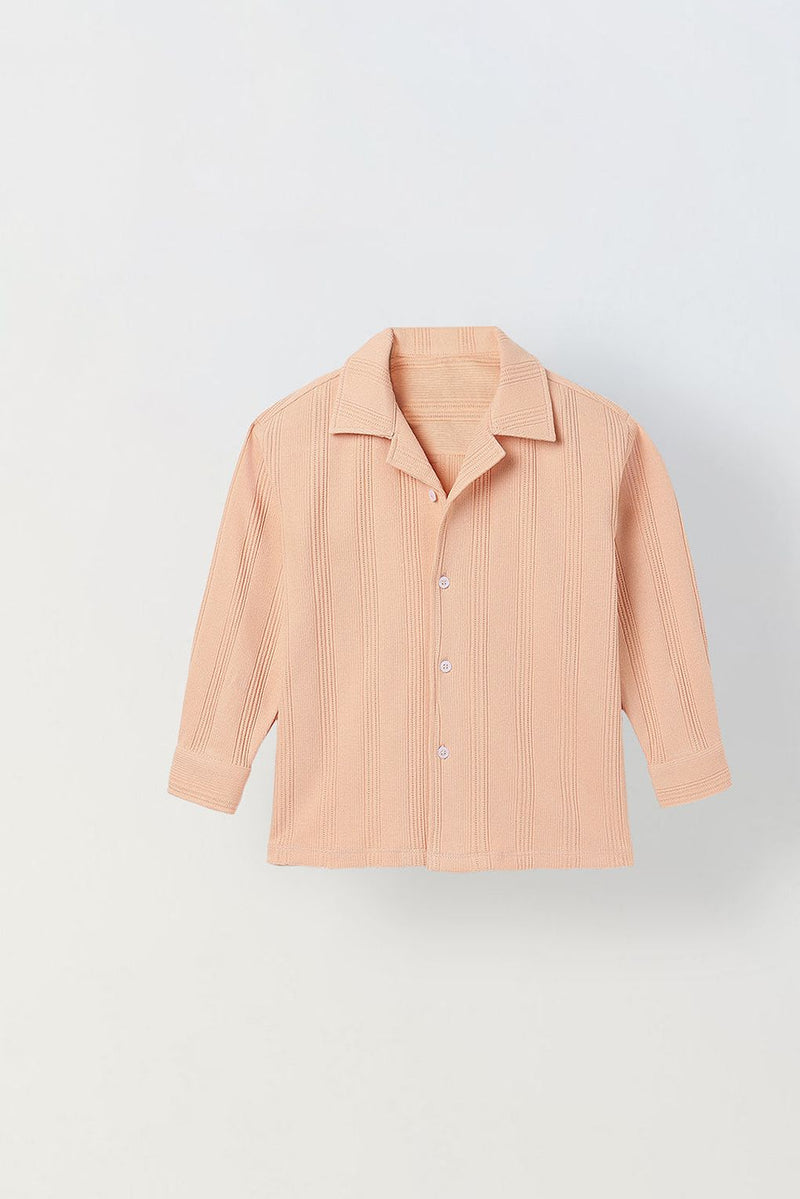 Spunkies Peach Boys Textured Cuban Collar Long Sleeves Shirt