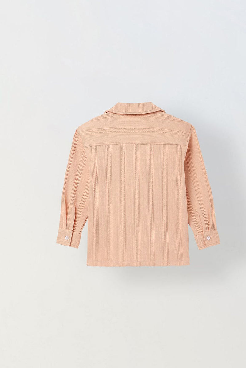 Spunkies Peach Boys Textured Cuban Collar Long Sleeves Shirt