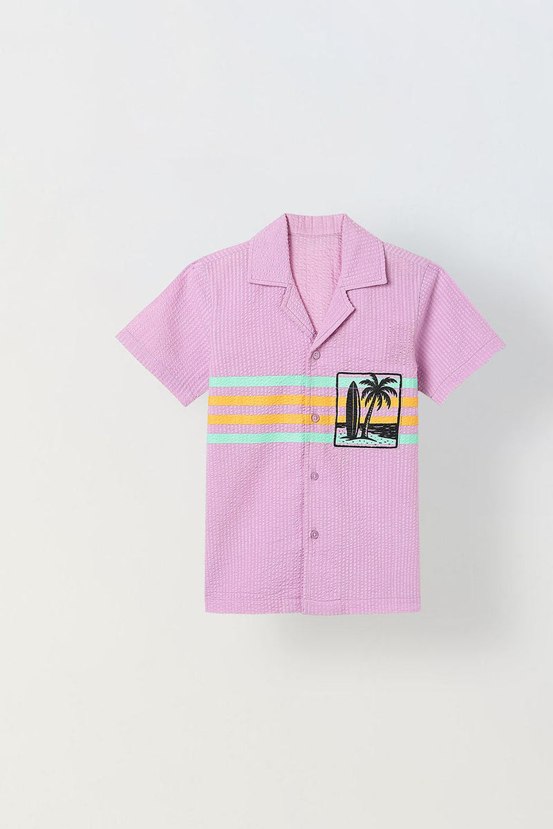 Spunkies Pink Embroidered Spread Collar Short Sleeves Side Shirt
