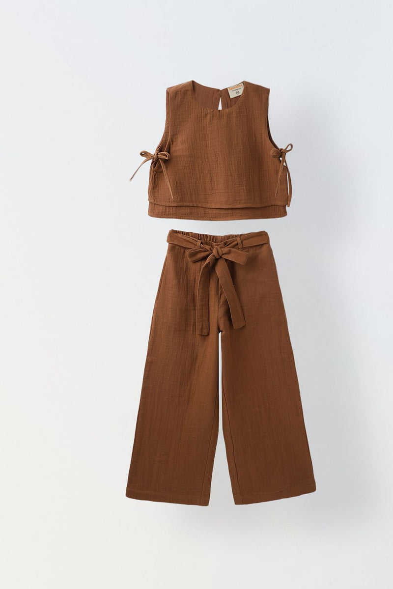 Spunkies Girls Brown Crochet Sleeveless Co-Ord Set