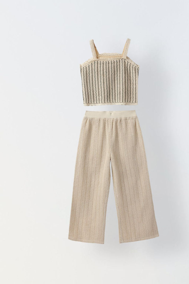 Spunkies Beige Cotton Stiped Crochet Co-ord Set For Girls