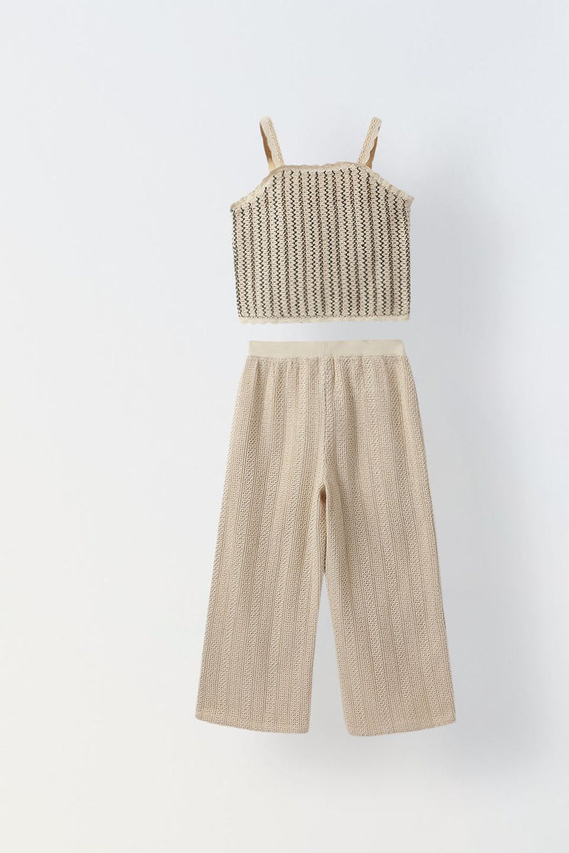 Spunkies Beige Cotton Stiped Crochet Co-ord Set For Girls