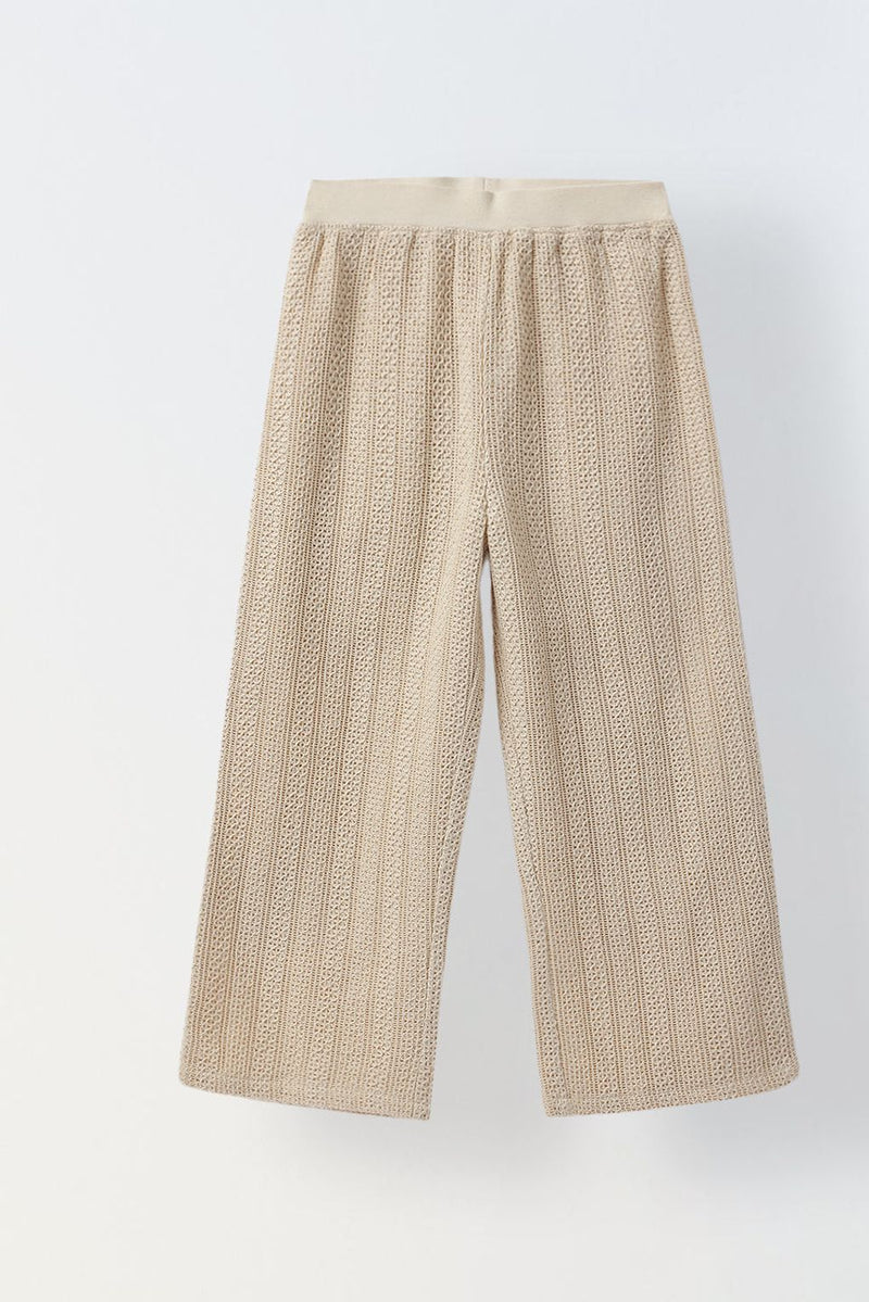 Spunkies Beige Cotton Stiped Crochet Co-ord Set For Girls