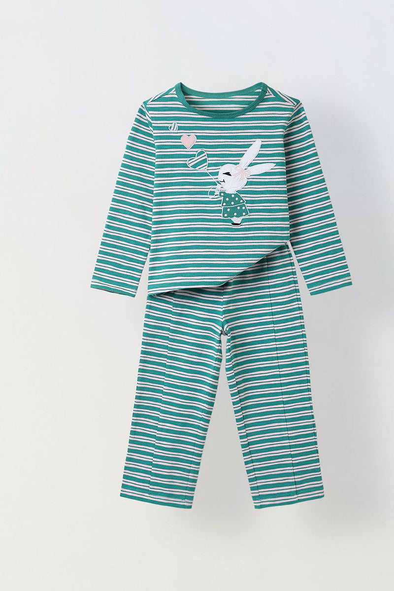 Spunkies Girls Green Striped T-shirt with Pyjama Set