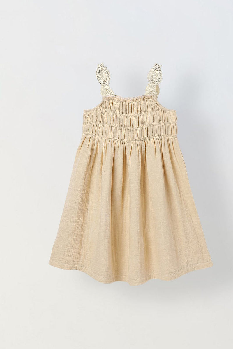Spunkies Ecru Girls Smocked Lace Square Neck Sleeveless A-Line Dress