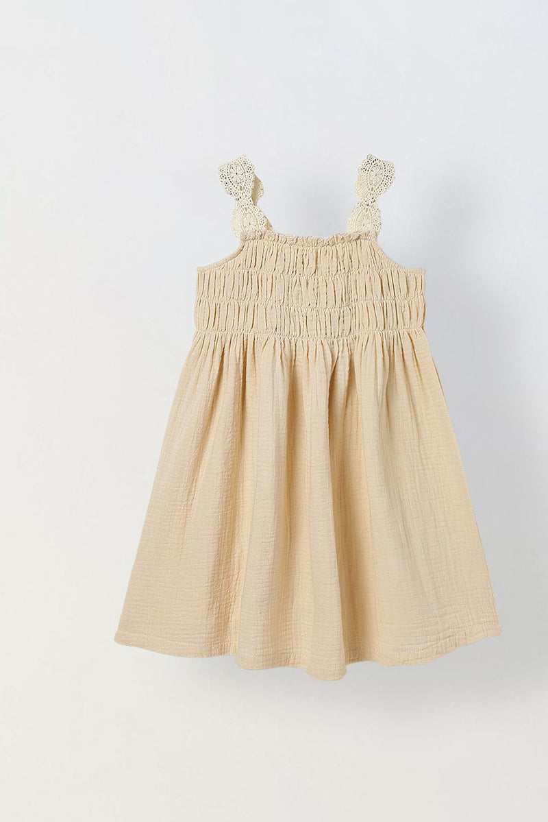 Spunkies Ecru Girls Smocked Lace Square Neck Sleeveless A-Line Dress