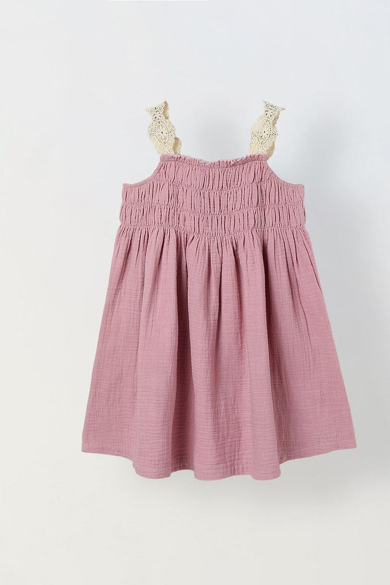Spunkies Pink Girls Smocked Lace Square Neck Sleeveless A-Line Dress