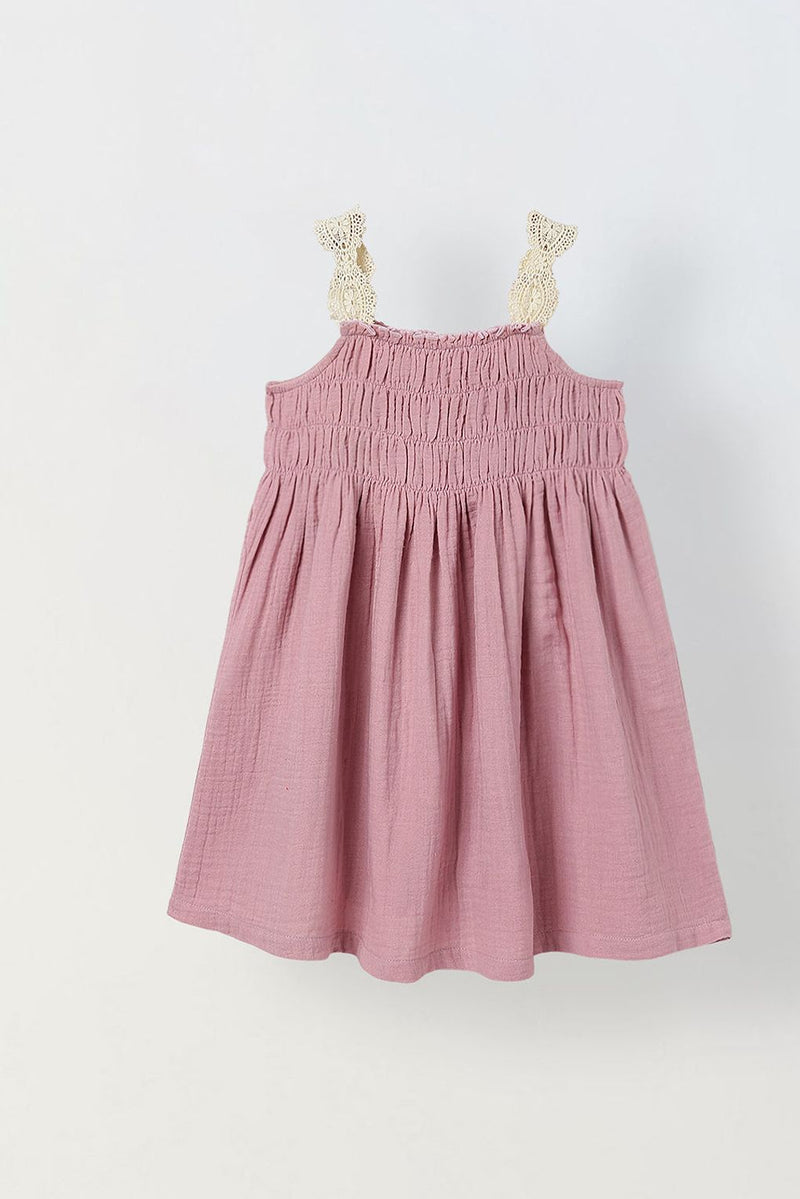 Spunkies Pink Girls Smocked Lace Square Neck Sleeveless A-Line Dress