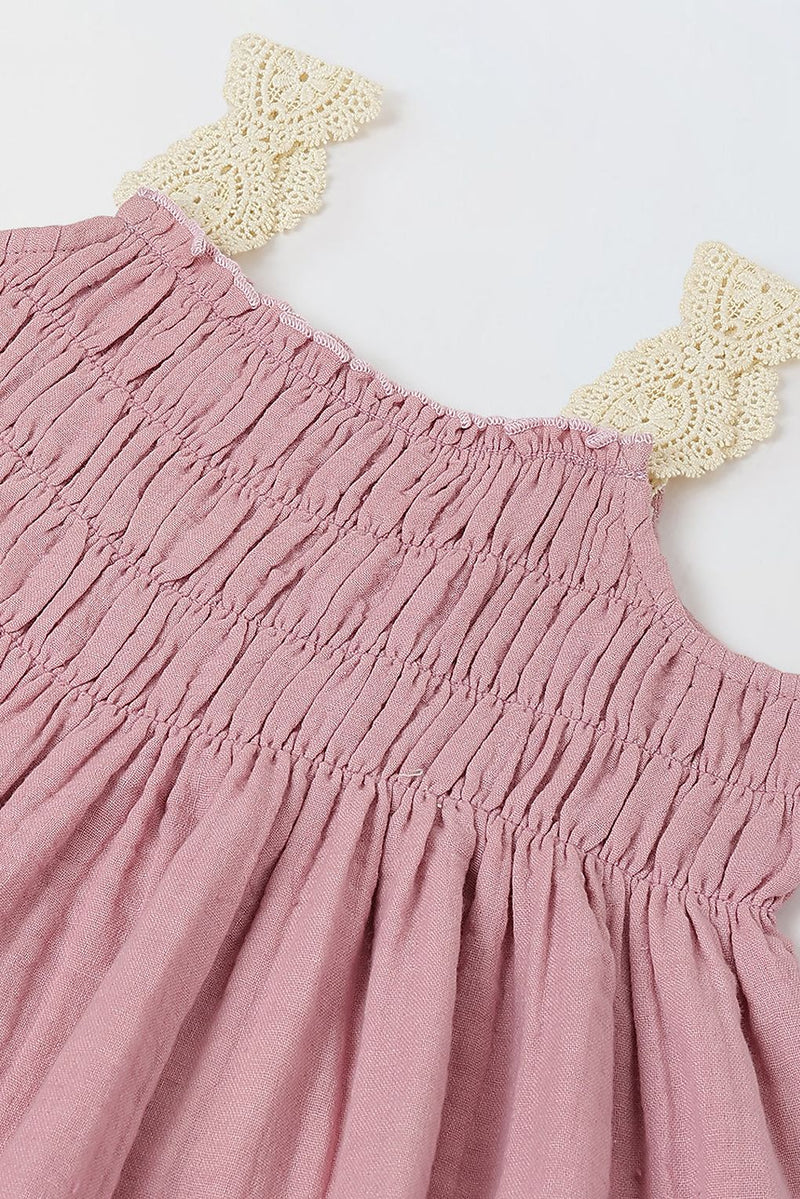 Spunkies Pink Girls Smocked Lace Square Neck Sleeveless A-Line Dress