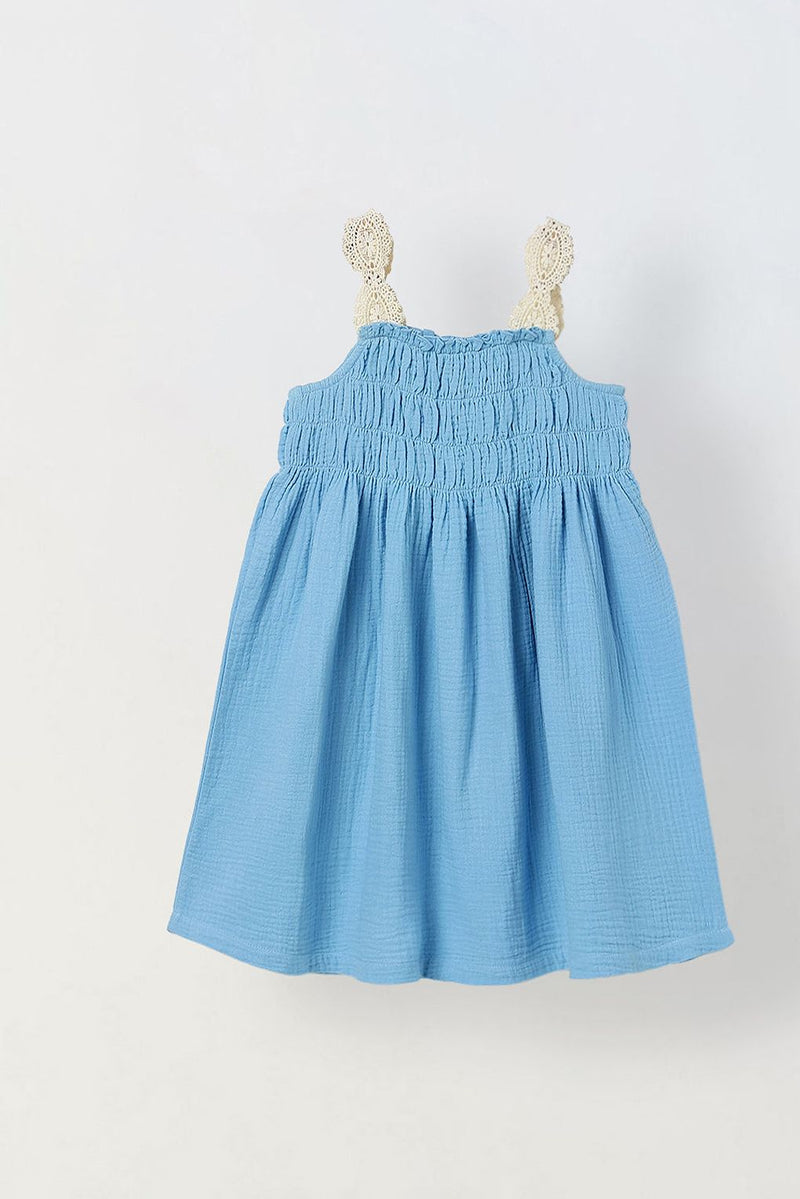 Spunkies Blue Girls Smocked Lace Square Neck Sleeveless A-Line Dress