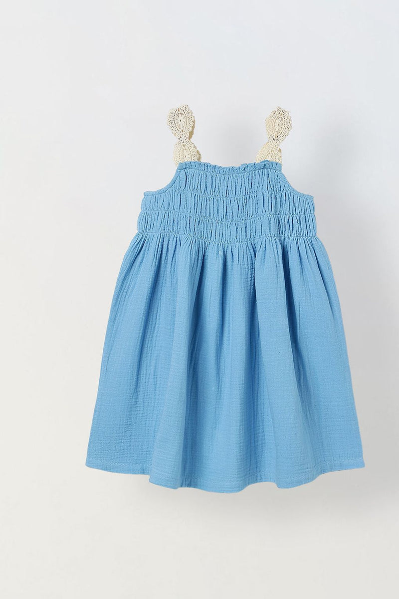 Spunkies Blue Girls Smocked Lace Square Neck Sleeveless A-Line Dress
