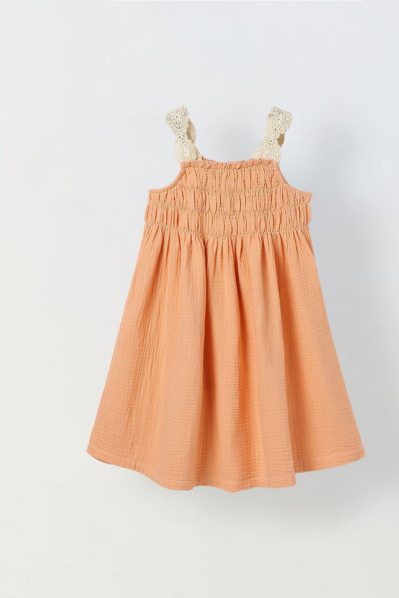 Spunkies Peach Girls Smocked Lace Square Neck Sleeveless A-Line Dress