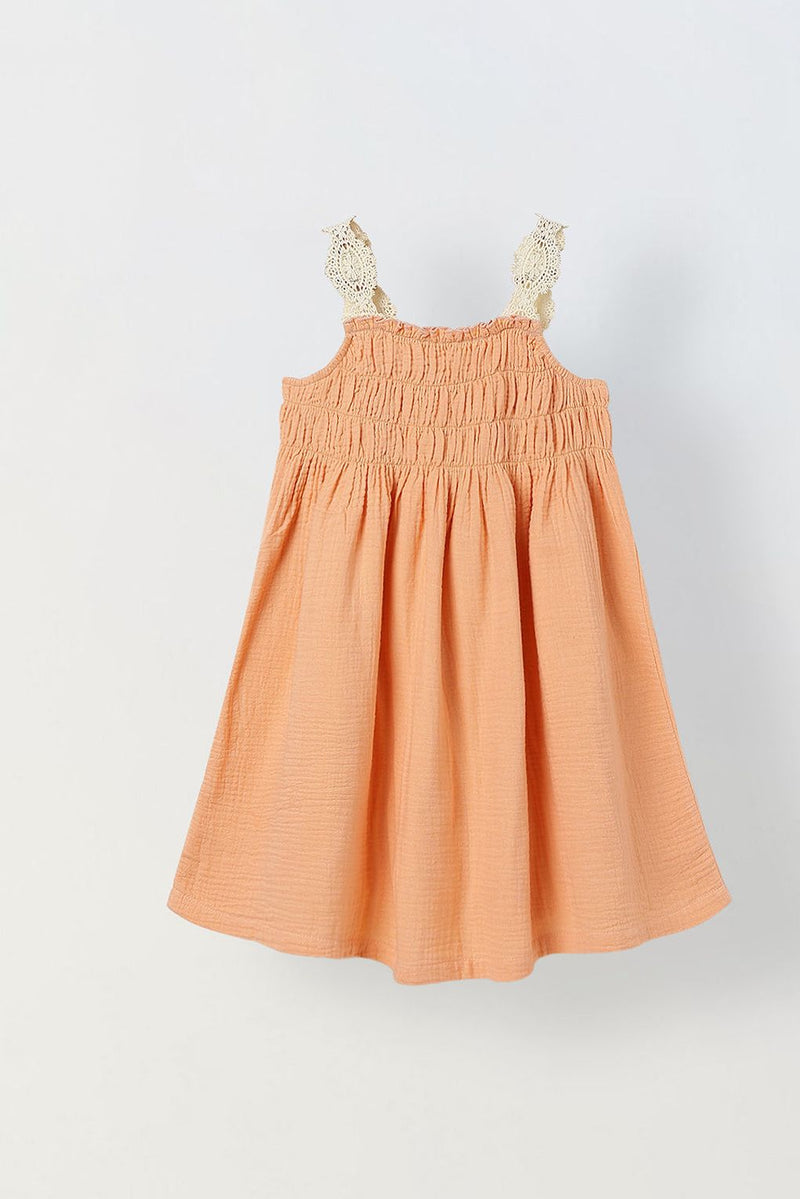 Spunkies Peach Girls Smocked Lace Square Neck Sleeveless A-Line Dress