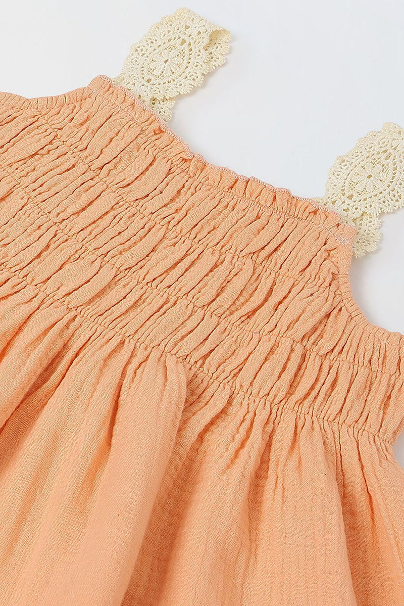 Spunkies Peach Girls Smocked Lace Square Neck Sleeveless A-Line Dress
