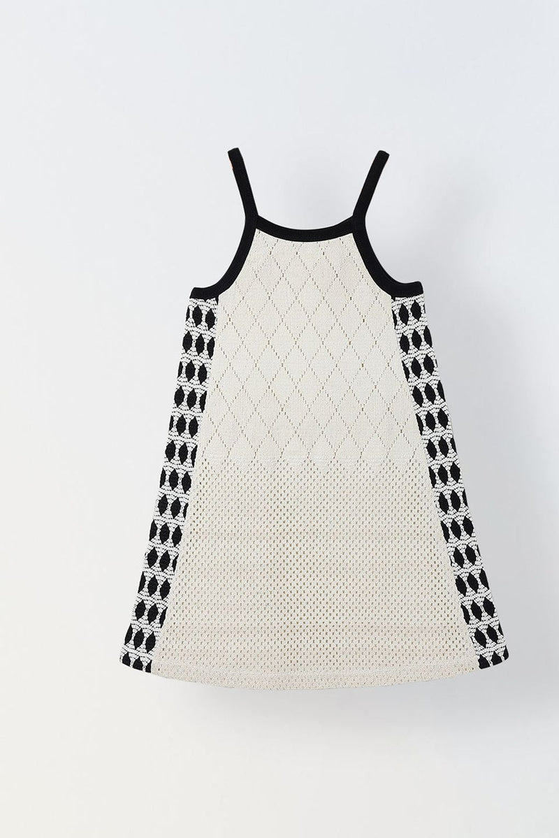 Spunkies Off White Girls Crochet Square Neck Sleeveless A-Line Dress