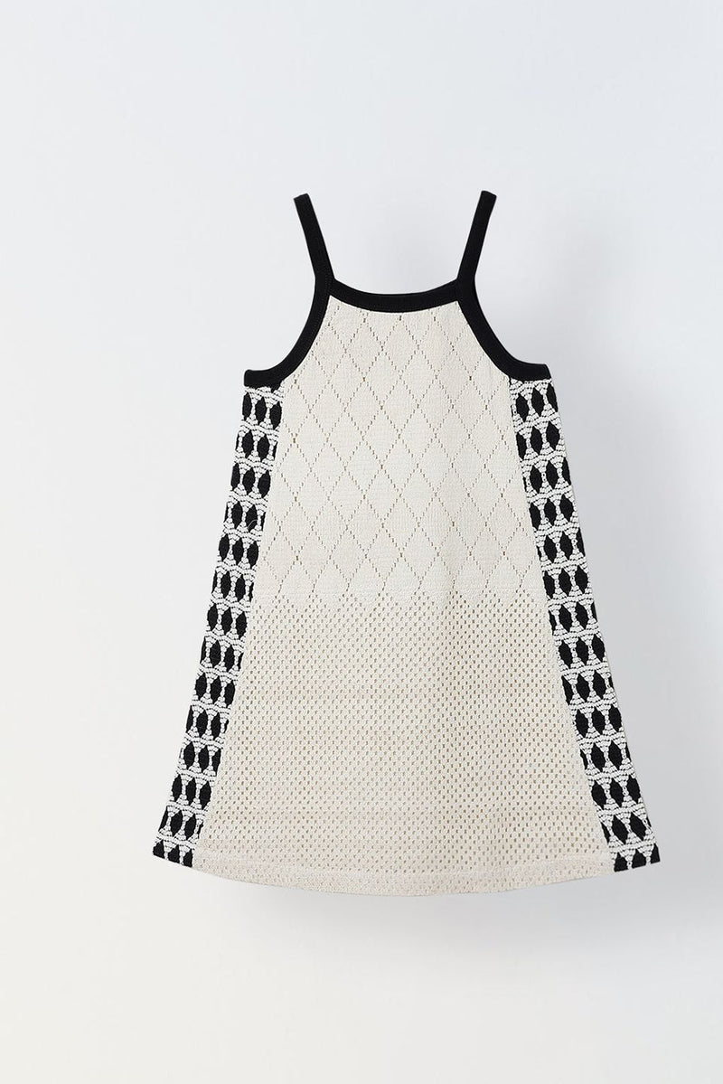Spunkies Off White Girls Crochet Square Neck Sleeveless A-Line Dress