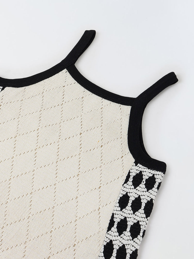 Spunkies Off White Girls Crochet Square Neck Sleeveless A-Line Dress