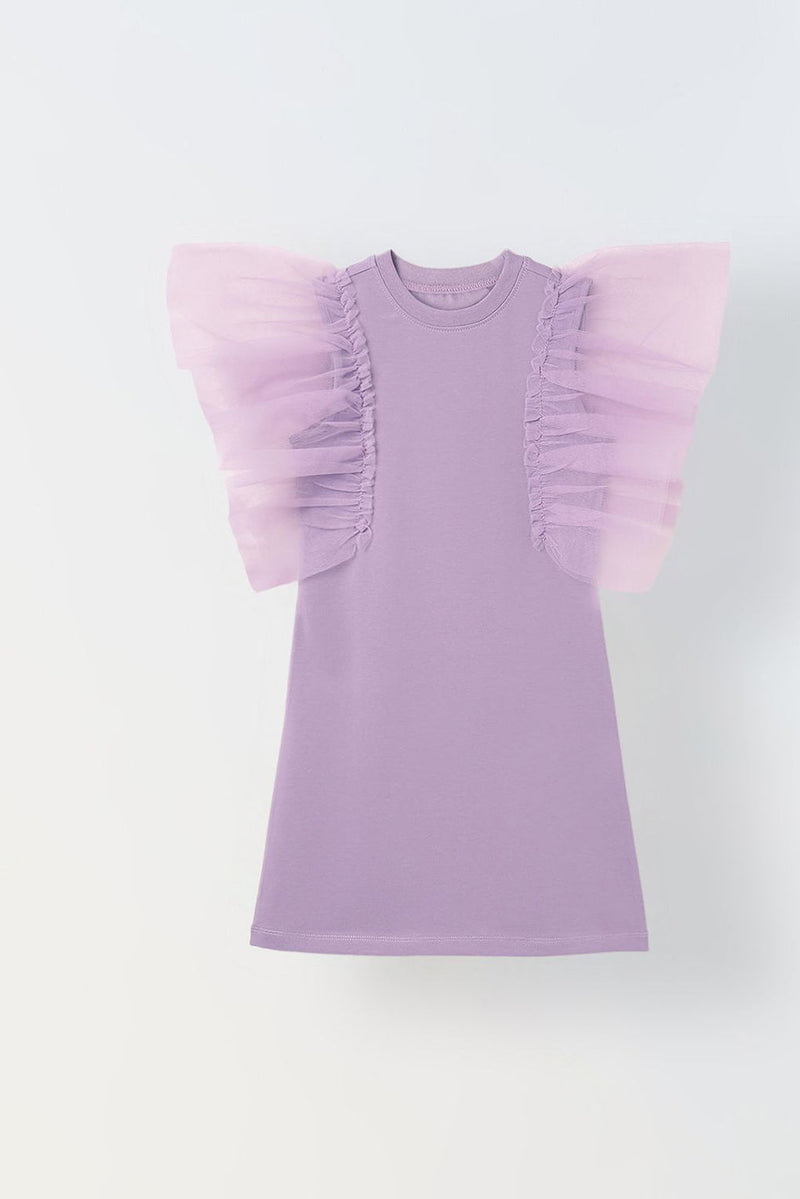 Spunkies Purple Girls Solid Round Neck Frilled Sleeves Shift Dress