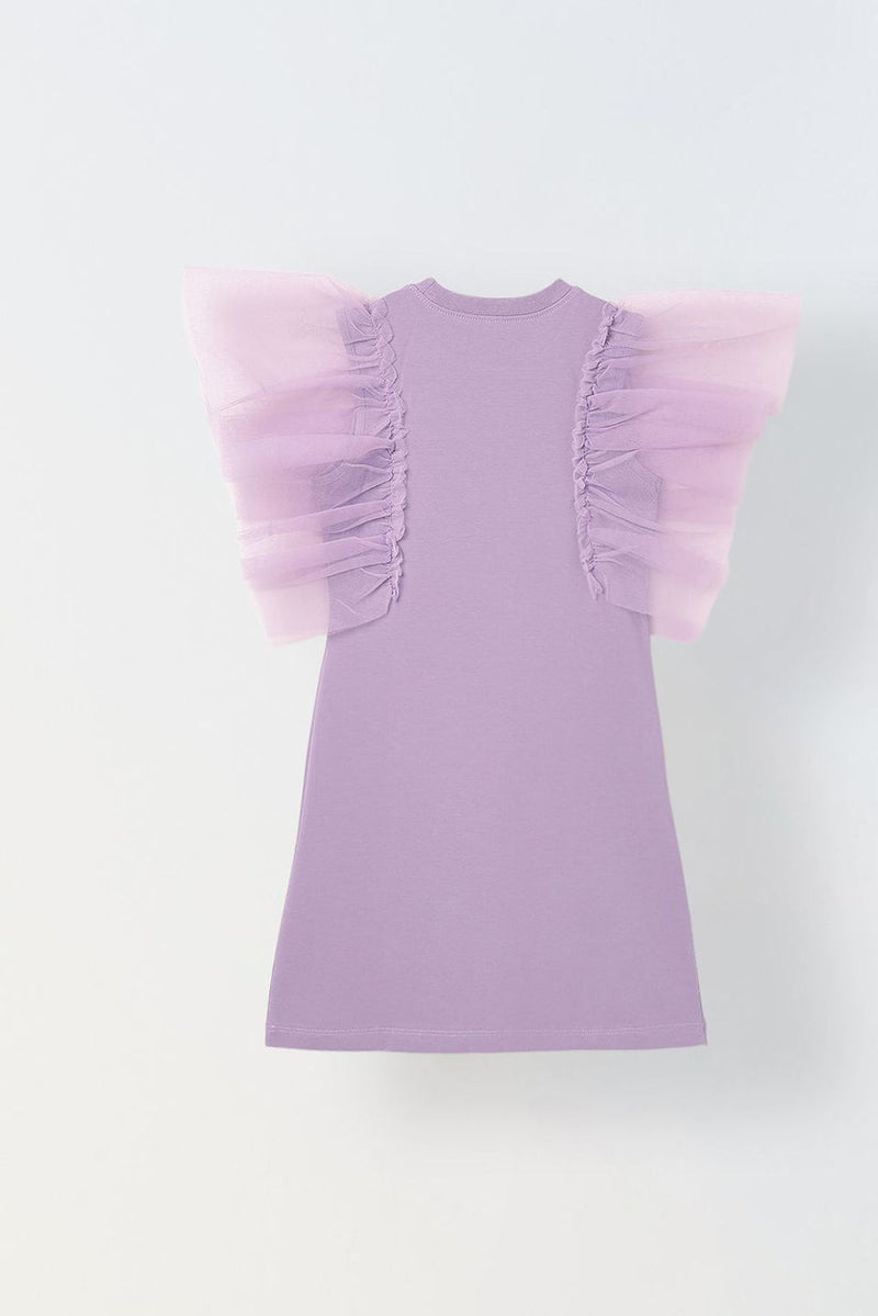 Spunkies Purple Girls Solid Round Neck Frilled Sleeves Shift Dress