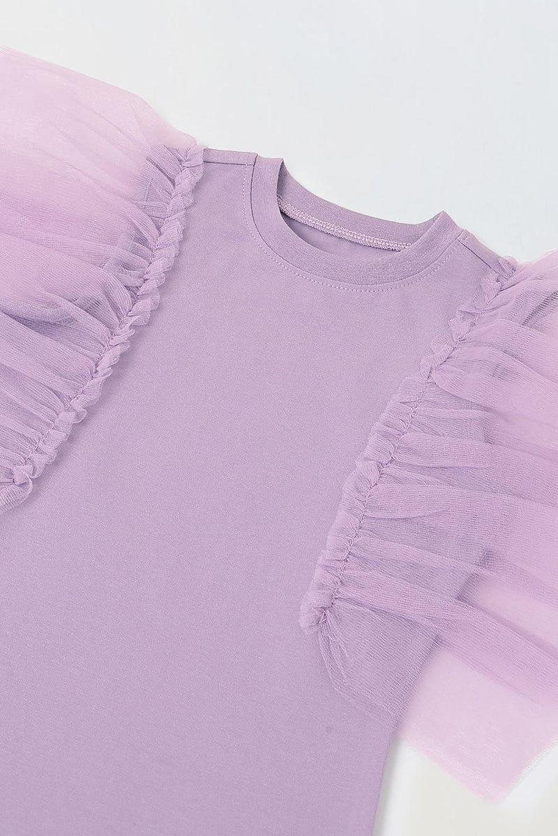 Spunkies Purple Girls Solid Round Neck Frilled Sleeves Shift Dress