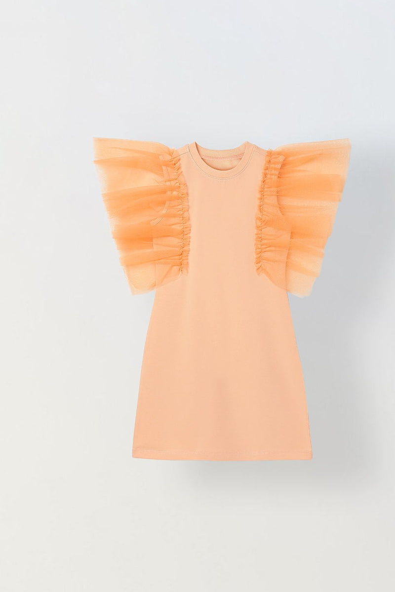 Spunkies Orange Girls Solid Round Neck Frilled Sleeves Shift Dress