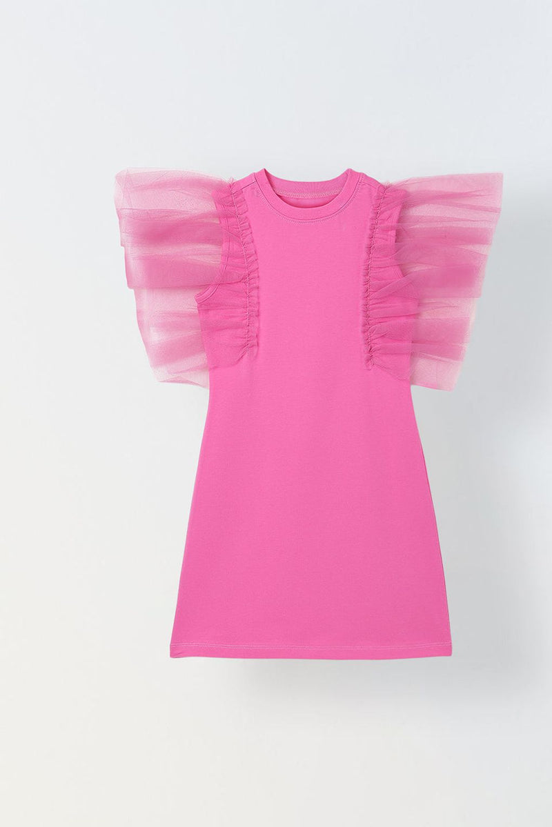 Spunkies Pink Girls Solid Round Neck Frilled Sleeves Shift Dress