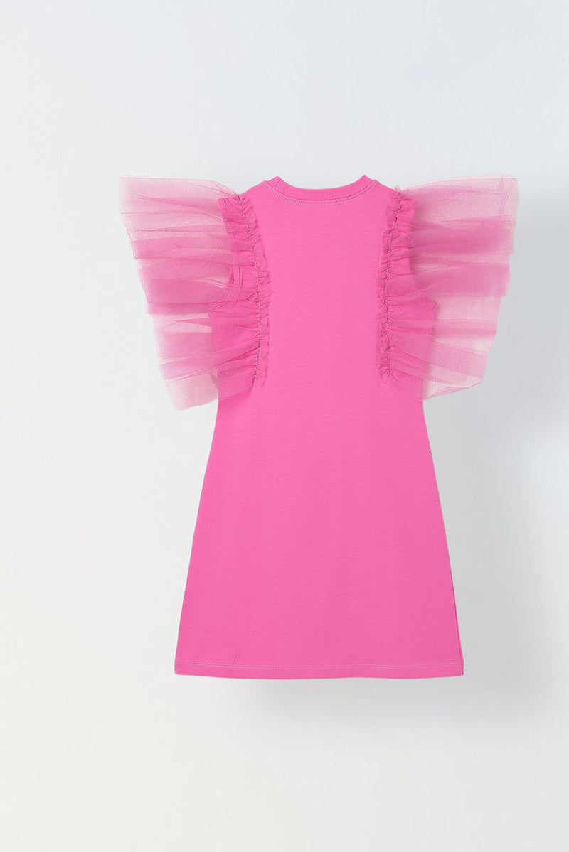 Spunkies Pink Girls Solid Round Neck Frilled Sleeves Shift Dress