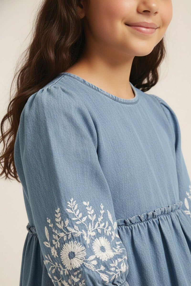 Spunkies Girls Denim Embroidered Dress