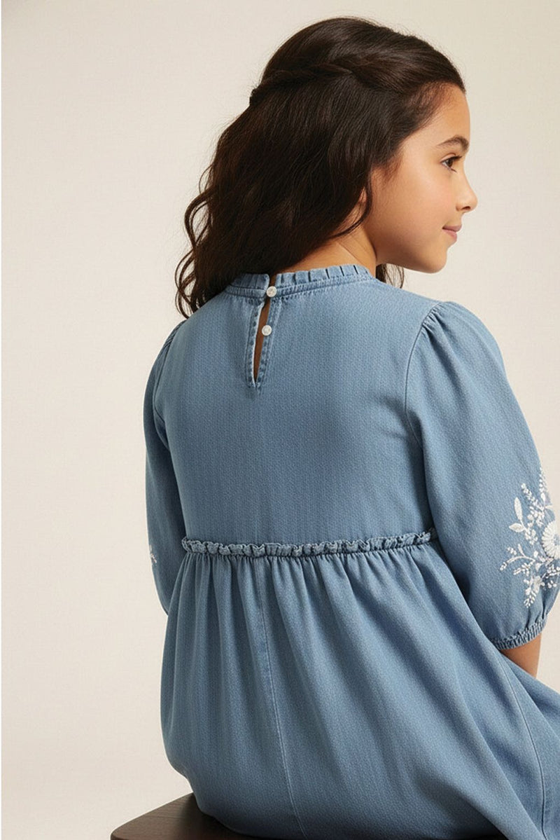 Spunkies Girls Denim Embroidered Dress