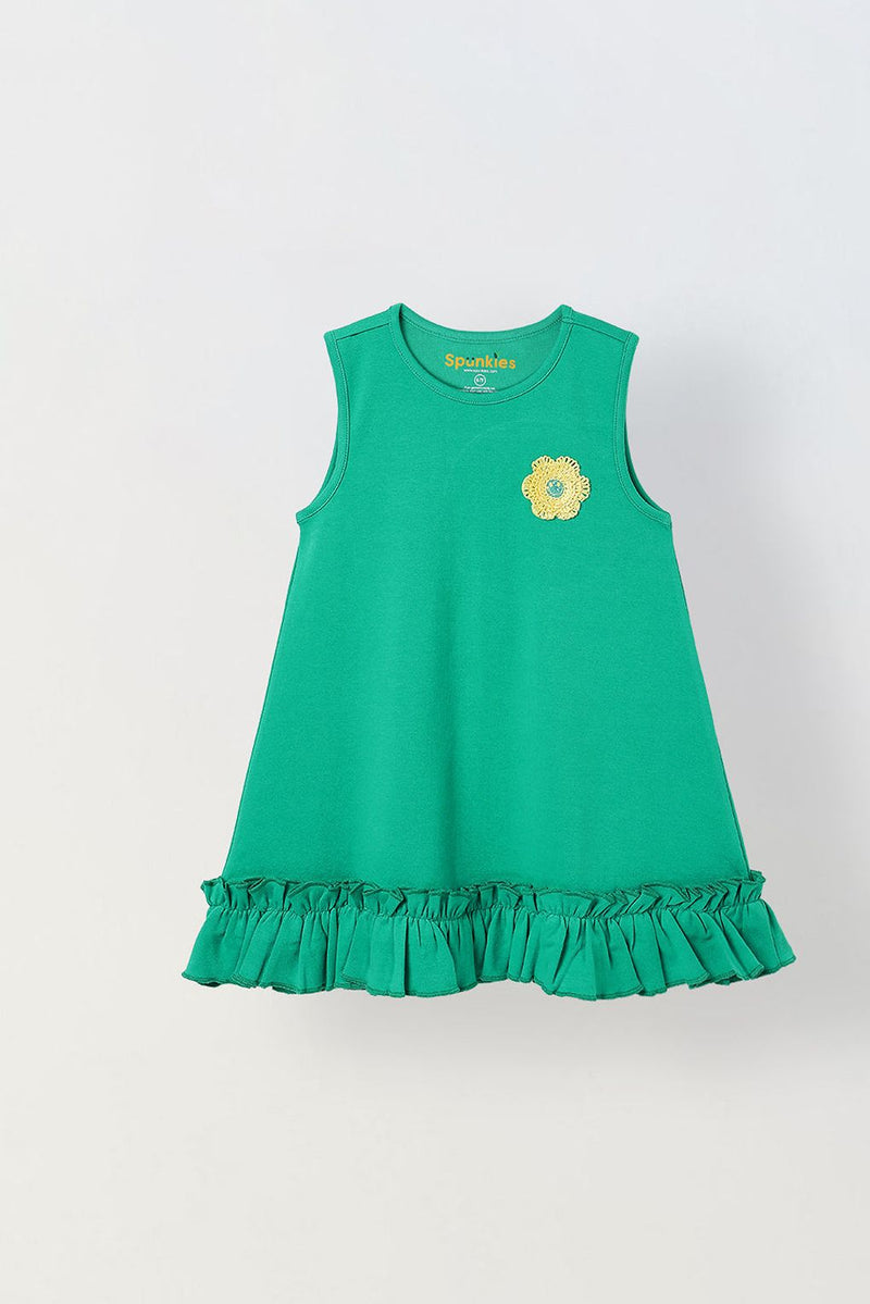 Spunkies Green Girls Crochet Floral Round Neck Sleeveless A-Line Dress