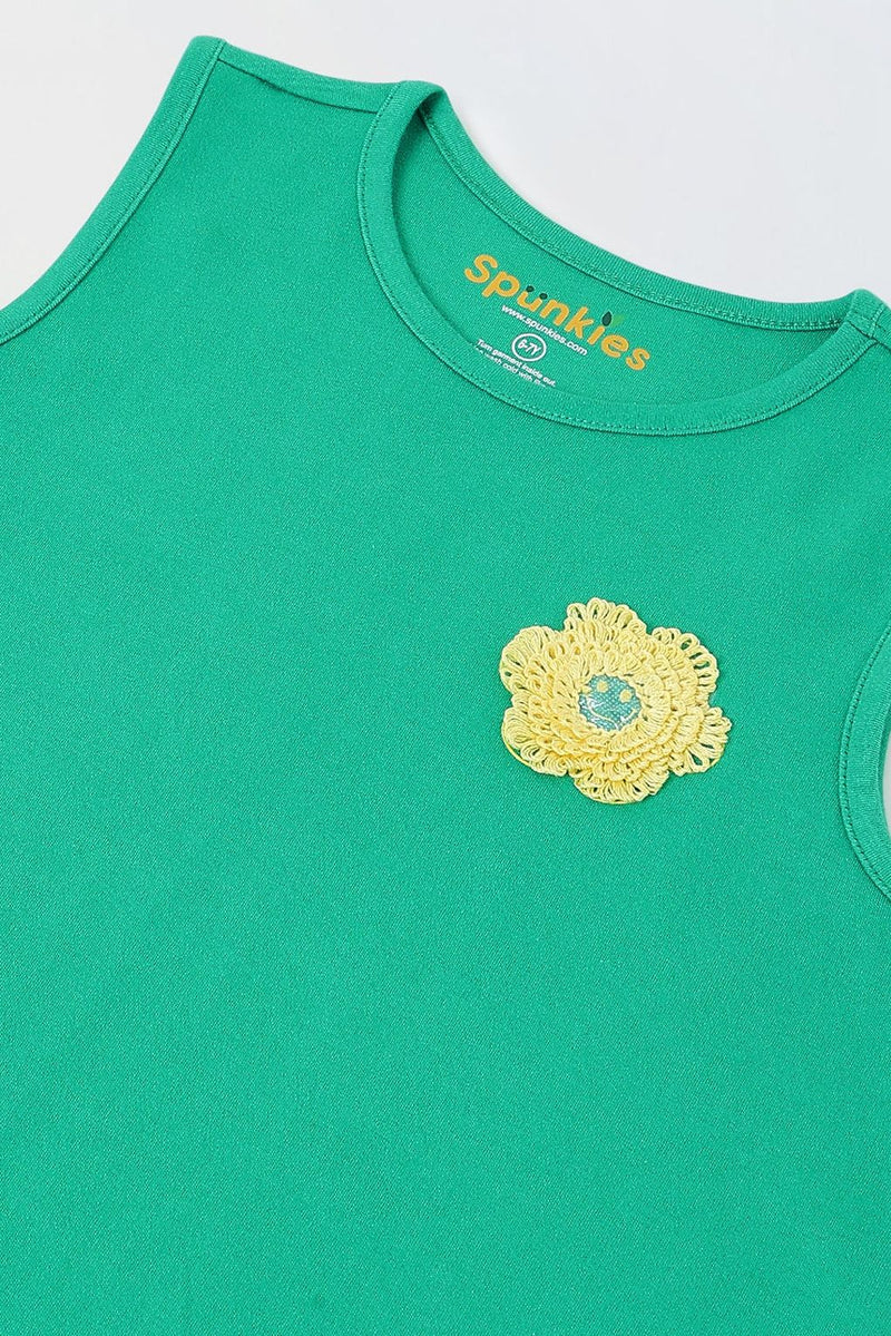 Spunkies Green Girls Crochet Floral Round Neck Sleeveless A-Line Dress