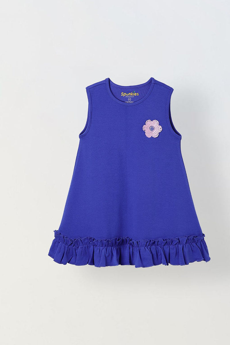Spunkies Blue Girls Crochet Floral Round Neck Sleeveless A-Line Dress