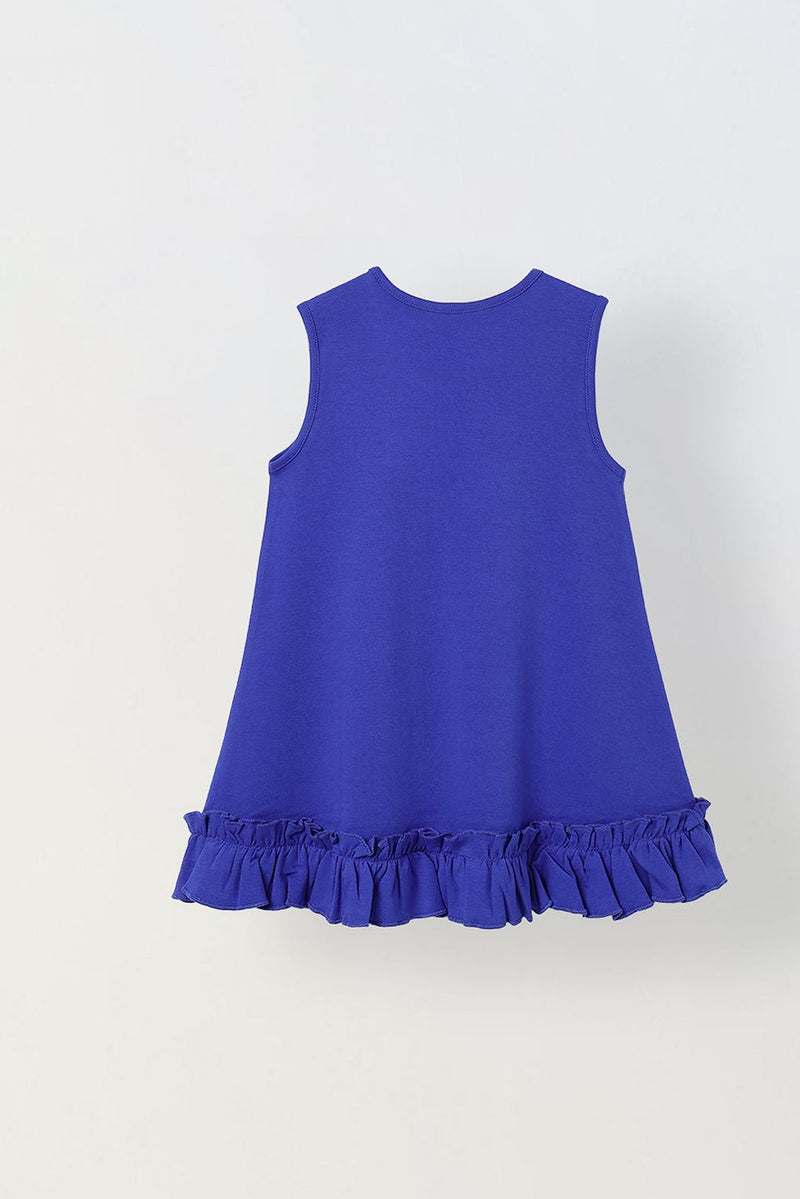 Spunkies Blue Girls Crochet Floral Round Neck Sleeveless A-Line Dress