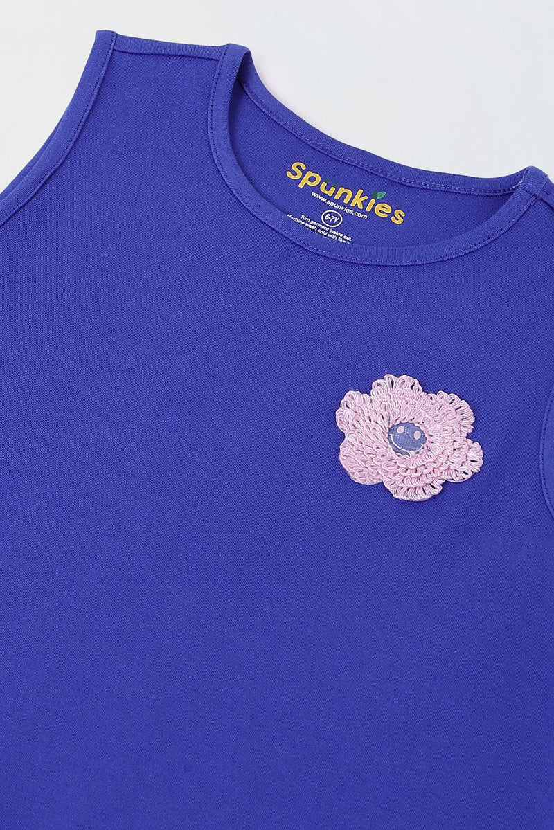 Spunkies Blue Girls Crochet Floral Round Neck Sleeveless A-Line Dress