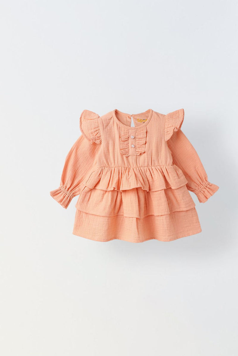 Spunkies Infant Peach Cotton Round Neck Dress for Girls