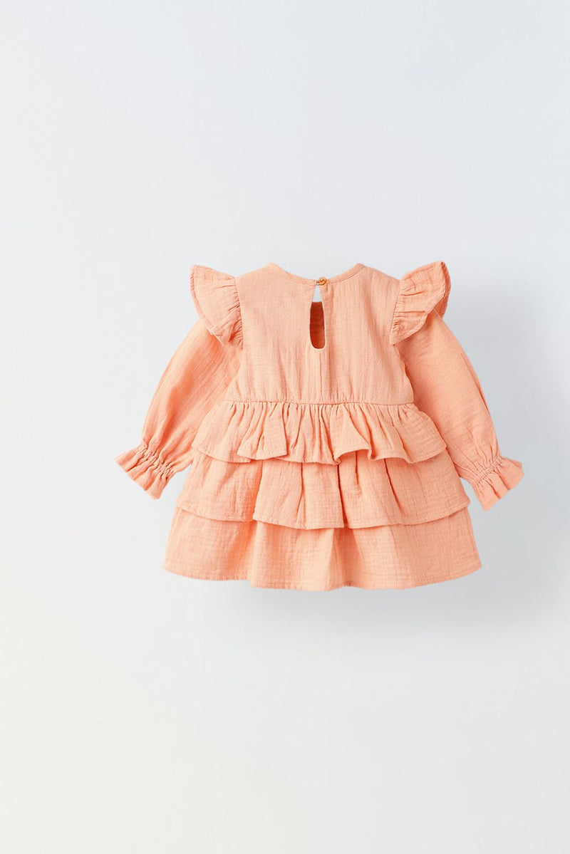 Spunkies Infant Peach Cotton Round Neck Dress for Girls