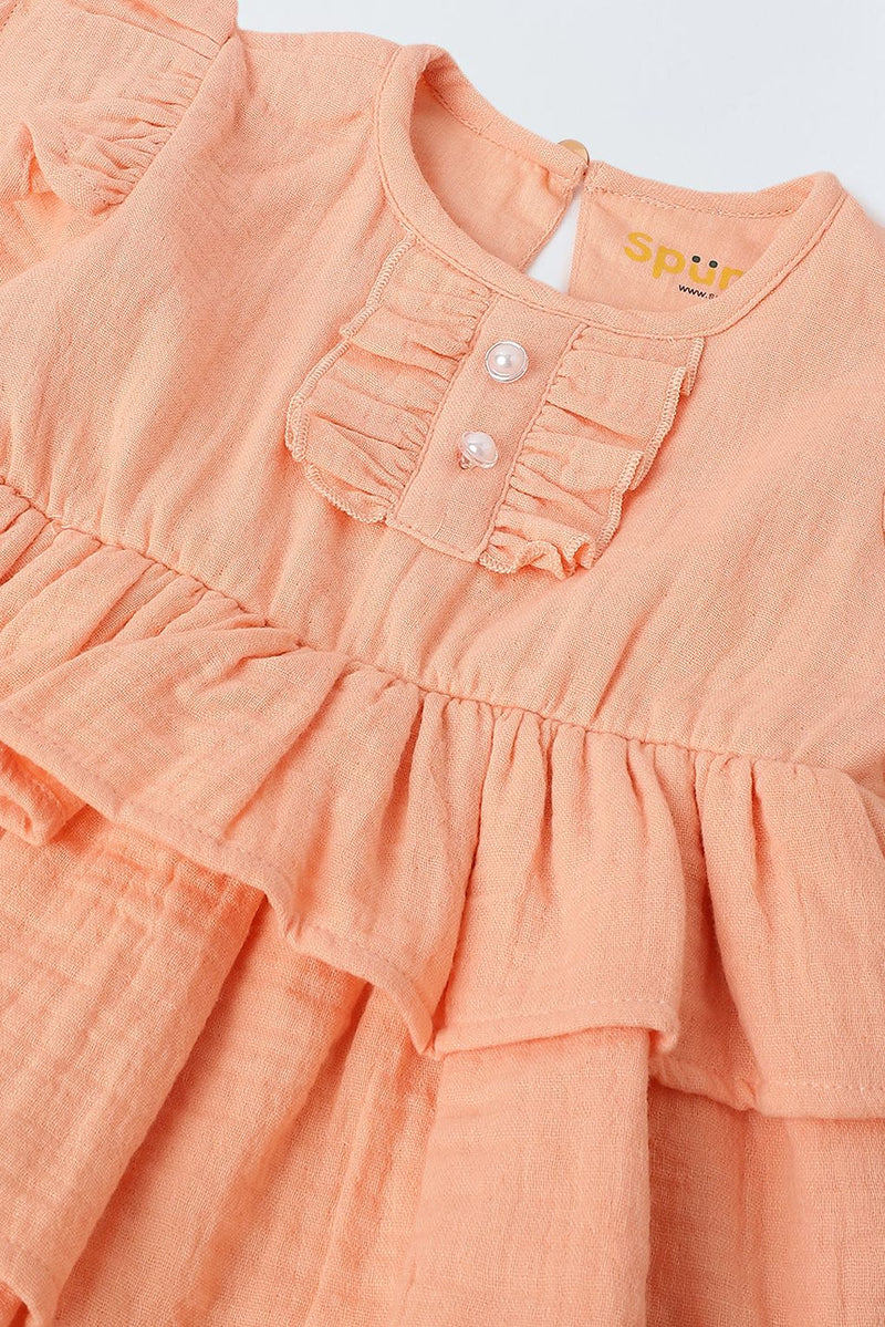 Spunkies Infant Peach Cotton Round Neck Dress for Girls