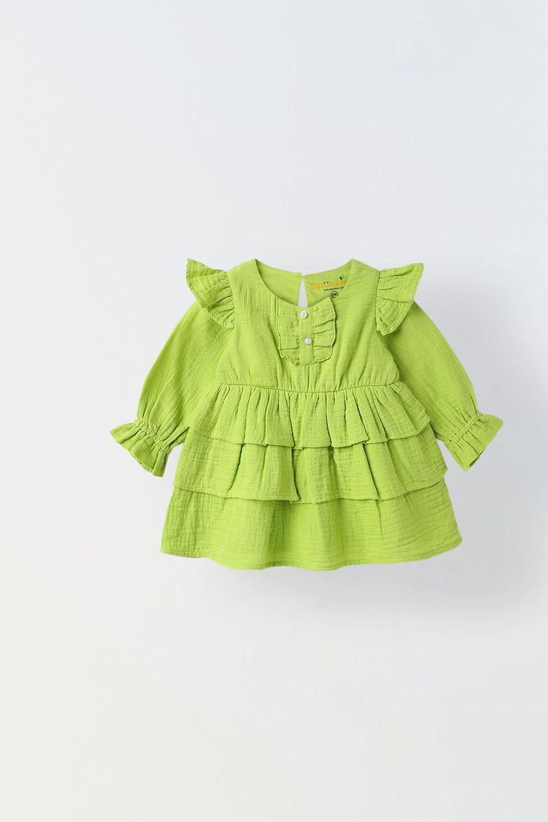 Spunkies Infant Lime Cotton Round Neck Dress for Girls