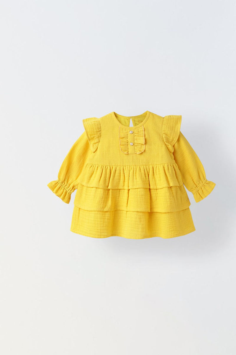 Spunkies Infant Yellow Cotton Round Neck Dress for Girls
