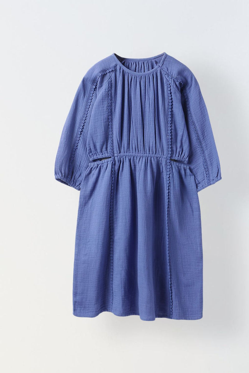 Spunkies Blue Cotton Round Neck Solid Dress For Girls