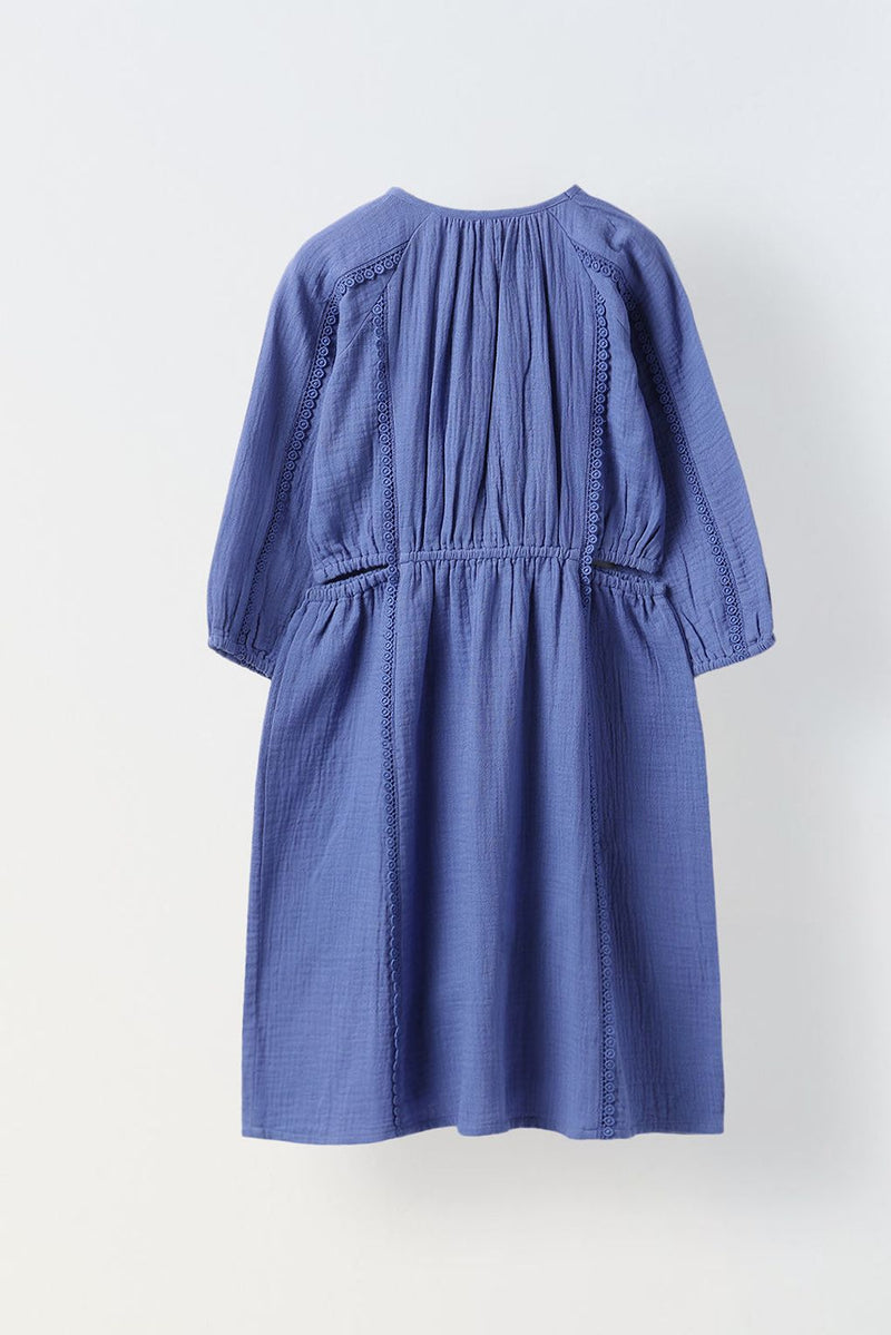 Spunkies Blue Cotton Round Neck Solid Dress For Girls