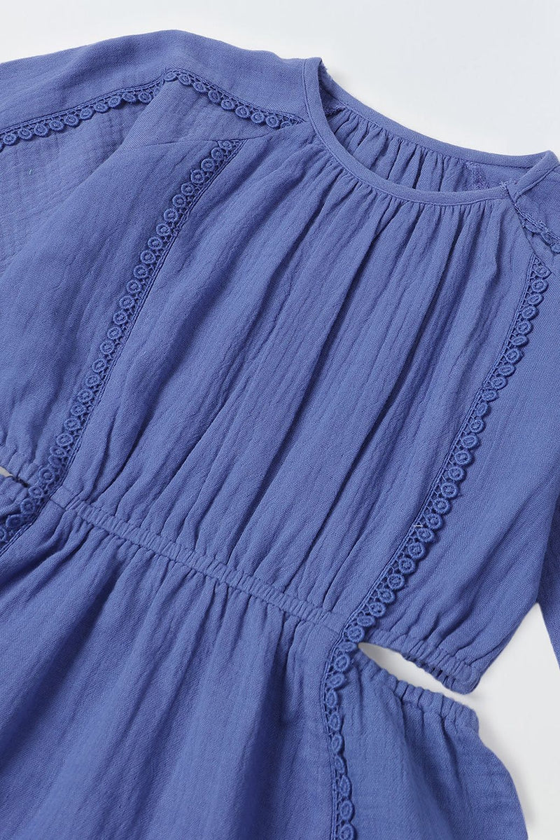 Spunkies Blue Cotton Round Neck Solid Dress For Girls