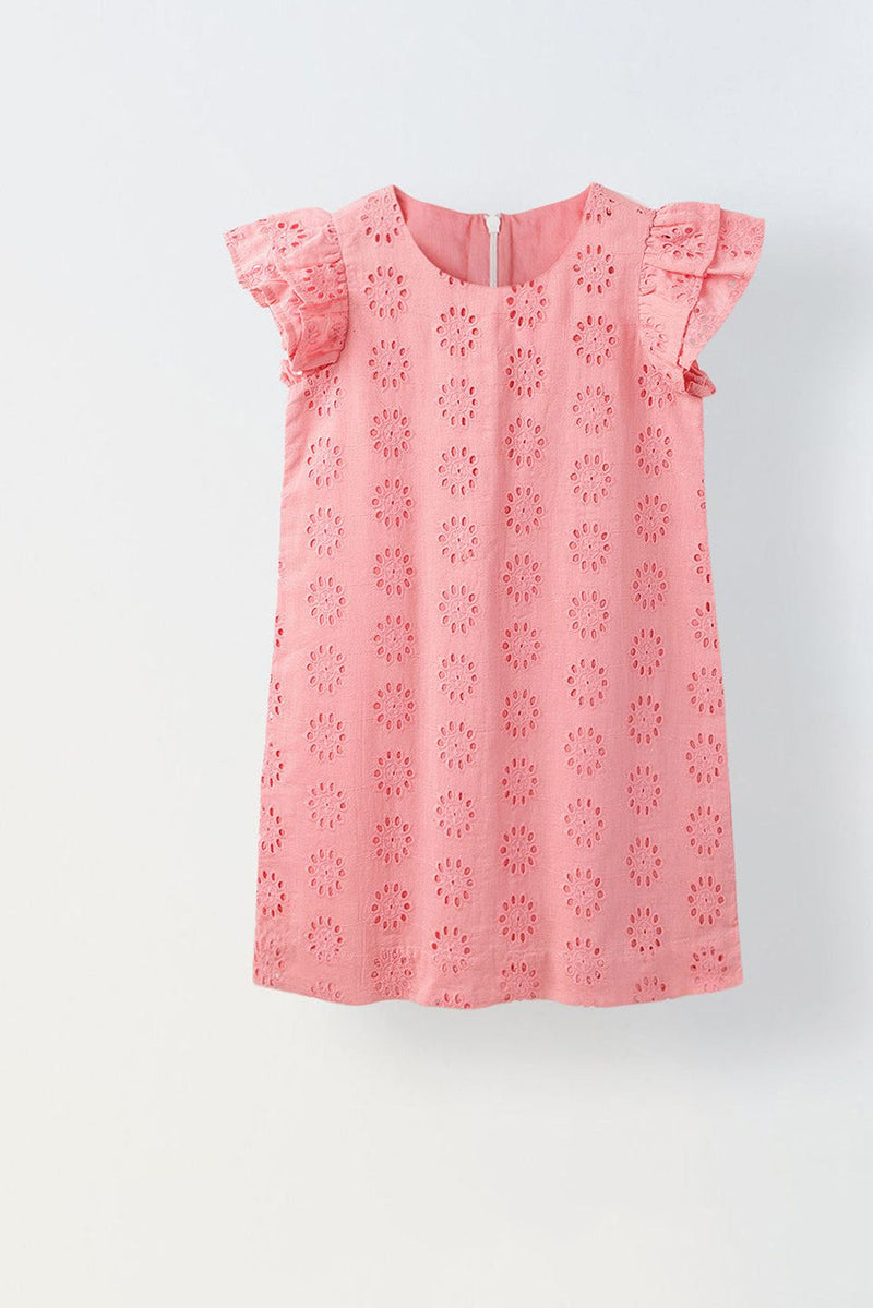 Spunkies Pink Cotton Schiffli Dress For Girls