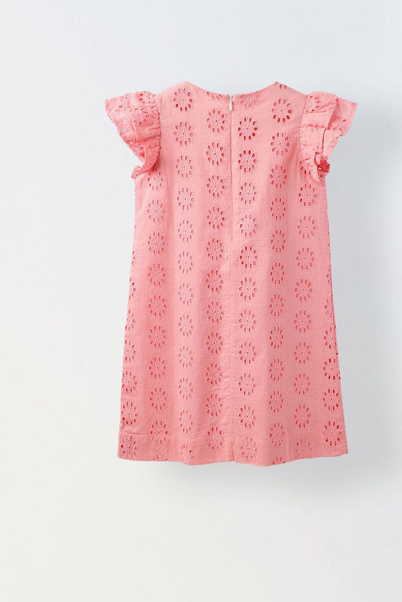 Spunkies Pink Cotton Schiffli Dress For Girls