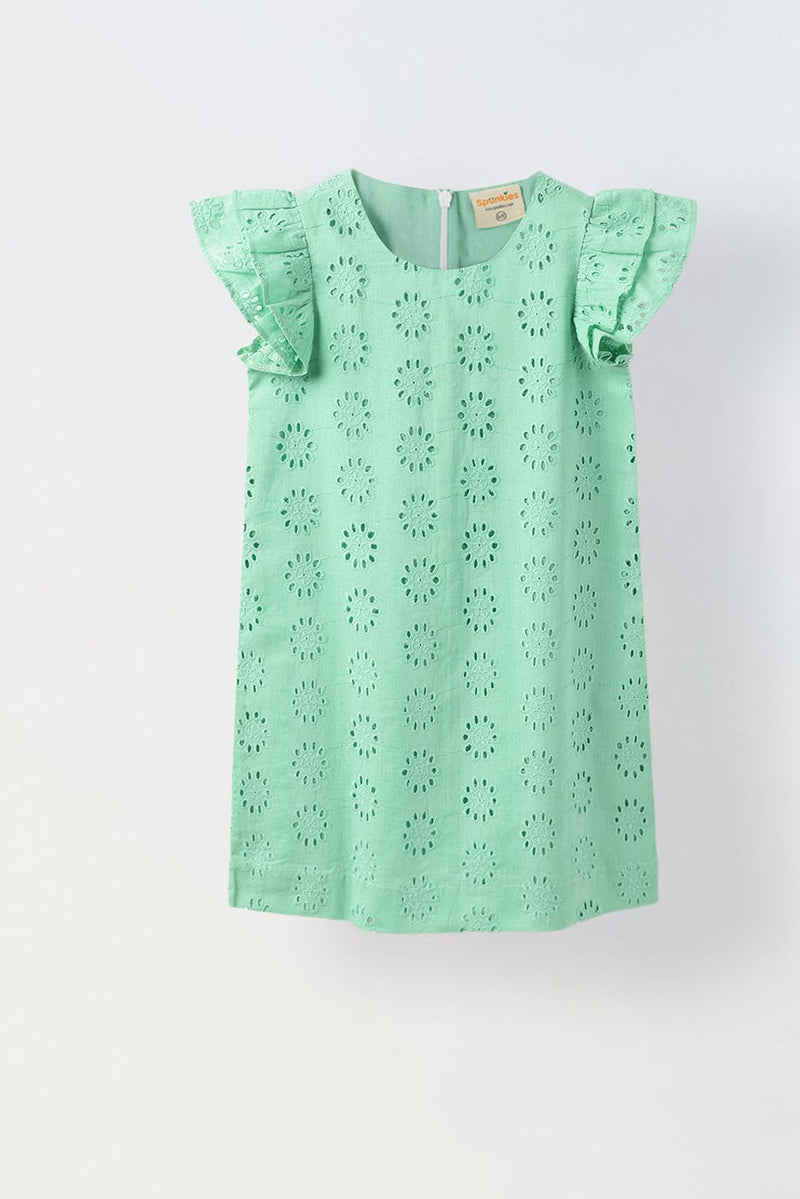 Spunkies Green Cotton Schiffli Dress For Girls