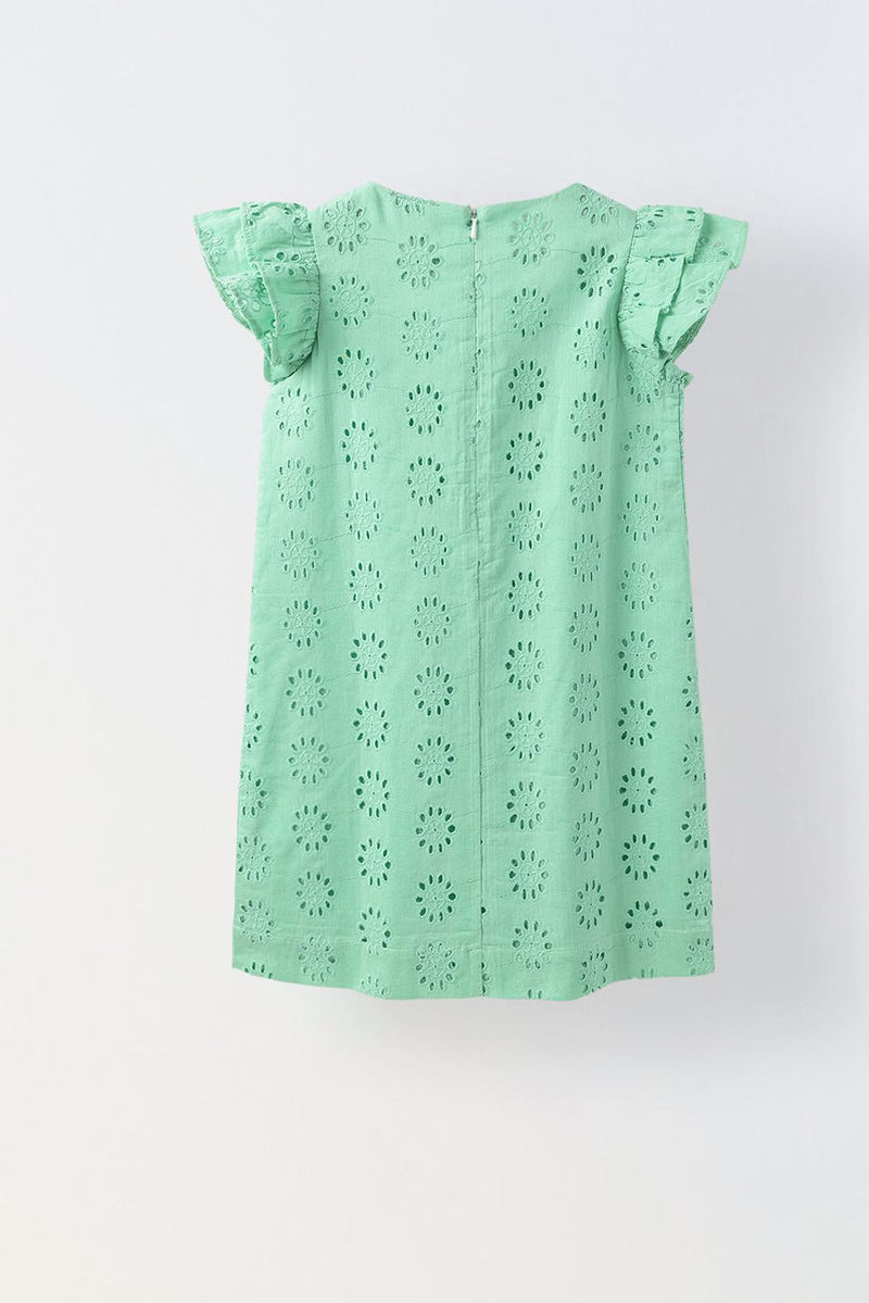 Spunkies Green Cotton Schiffli Dress For Girls